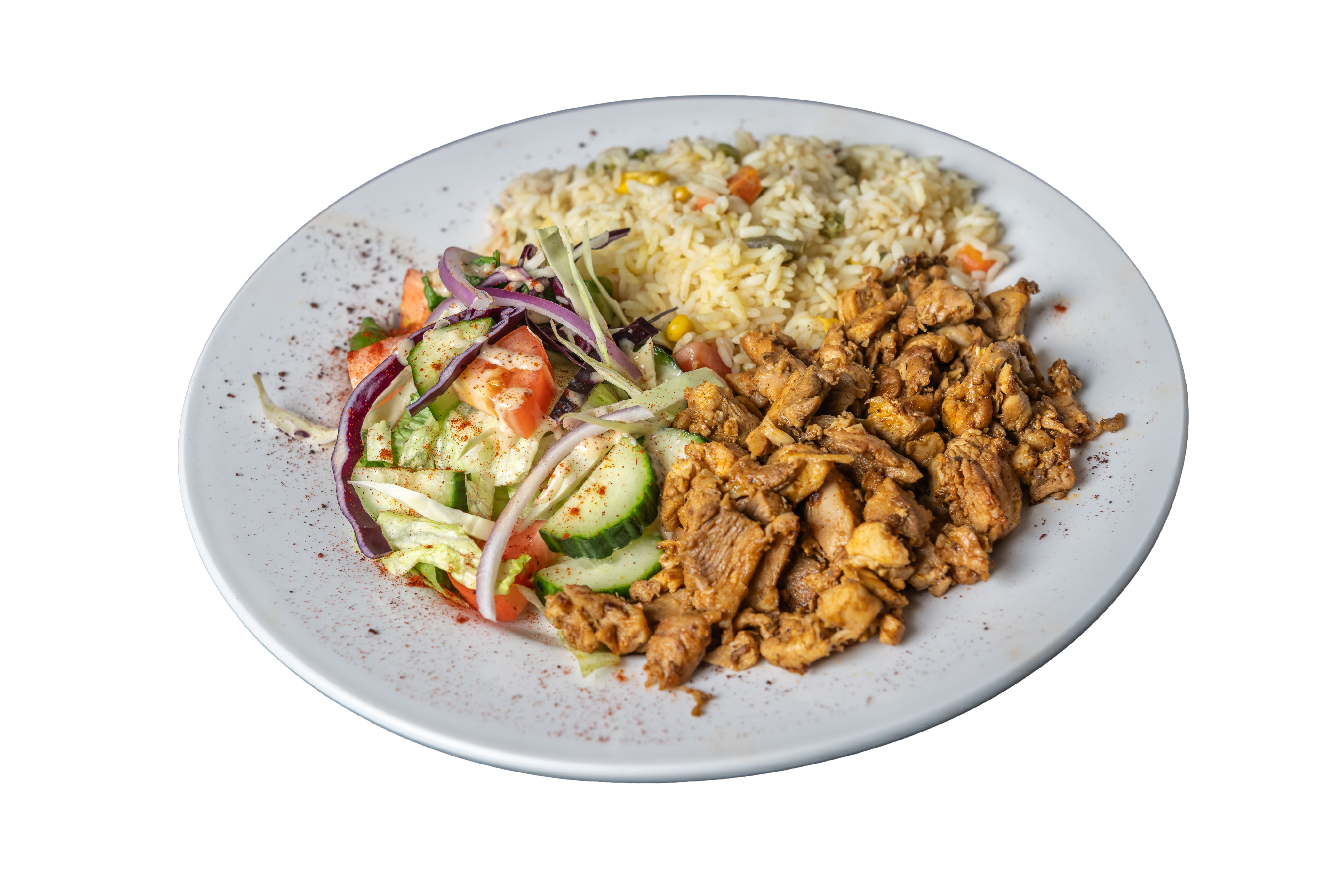 Halal chicken shawarma plate at Freddy's Mediterranean in Hamilton Ontario